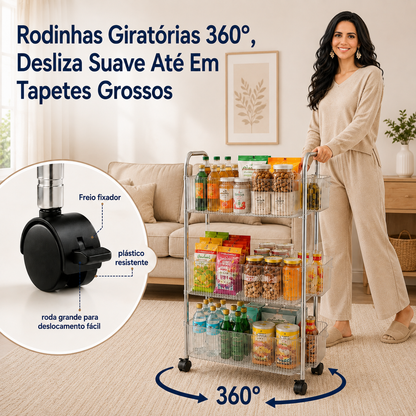 Carrinho Organizador 360° Giratório em Acrílico com Prateleiras e Rodas