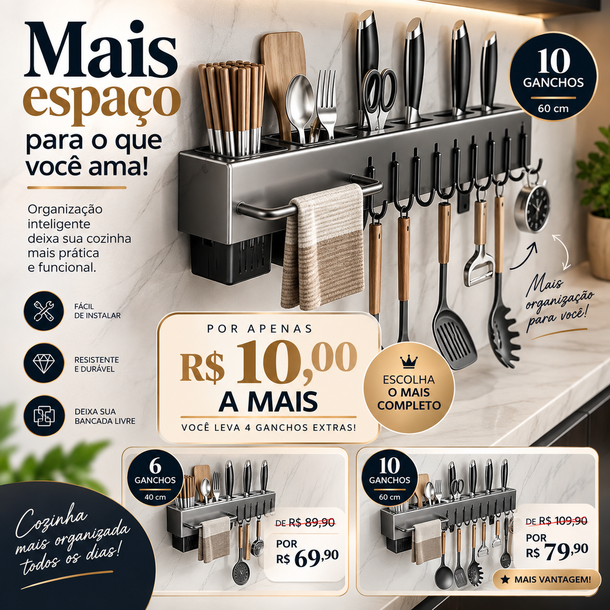 Suporte Organizador de Parede para Facas, Talheres e Utensílios – 6 ou 10 Ganchos
