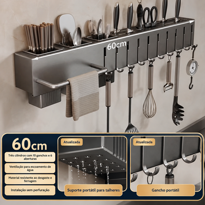 Suporte Organizador de Parede para Facas, Talheres e Utensílios – 6 ou 10 Ganchos