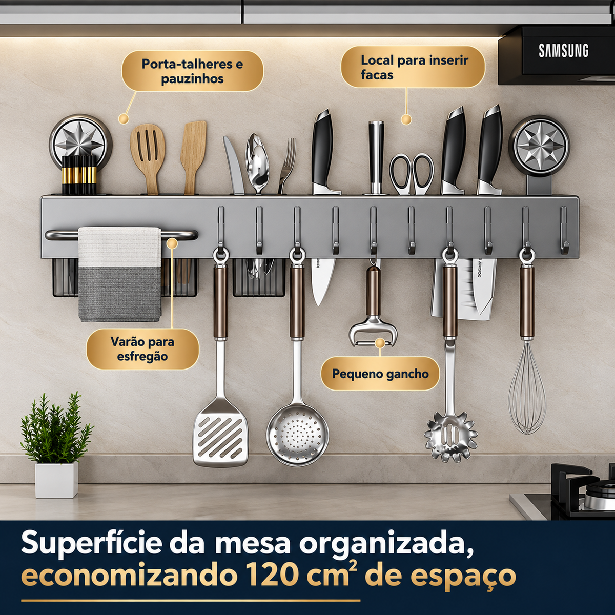 Suporte Organizador de Parede para Facas, Talheres e Utensílios – 6 ou 10 Ganchos