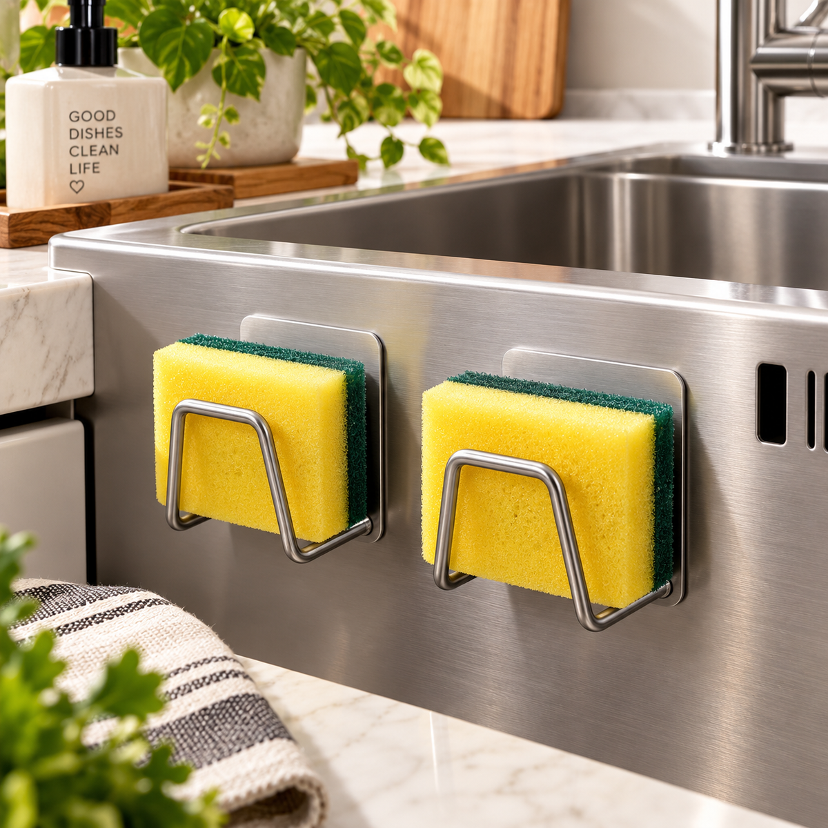 Kit 2 Suportes para Esponja em Aço Inox – Ganchos para Pia e Cozinha