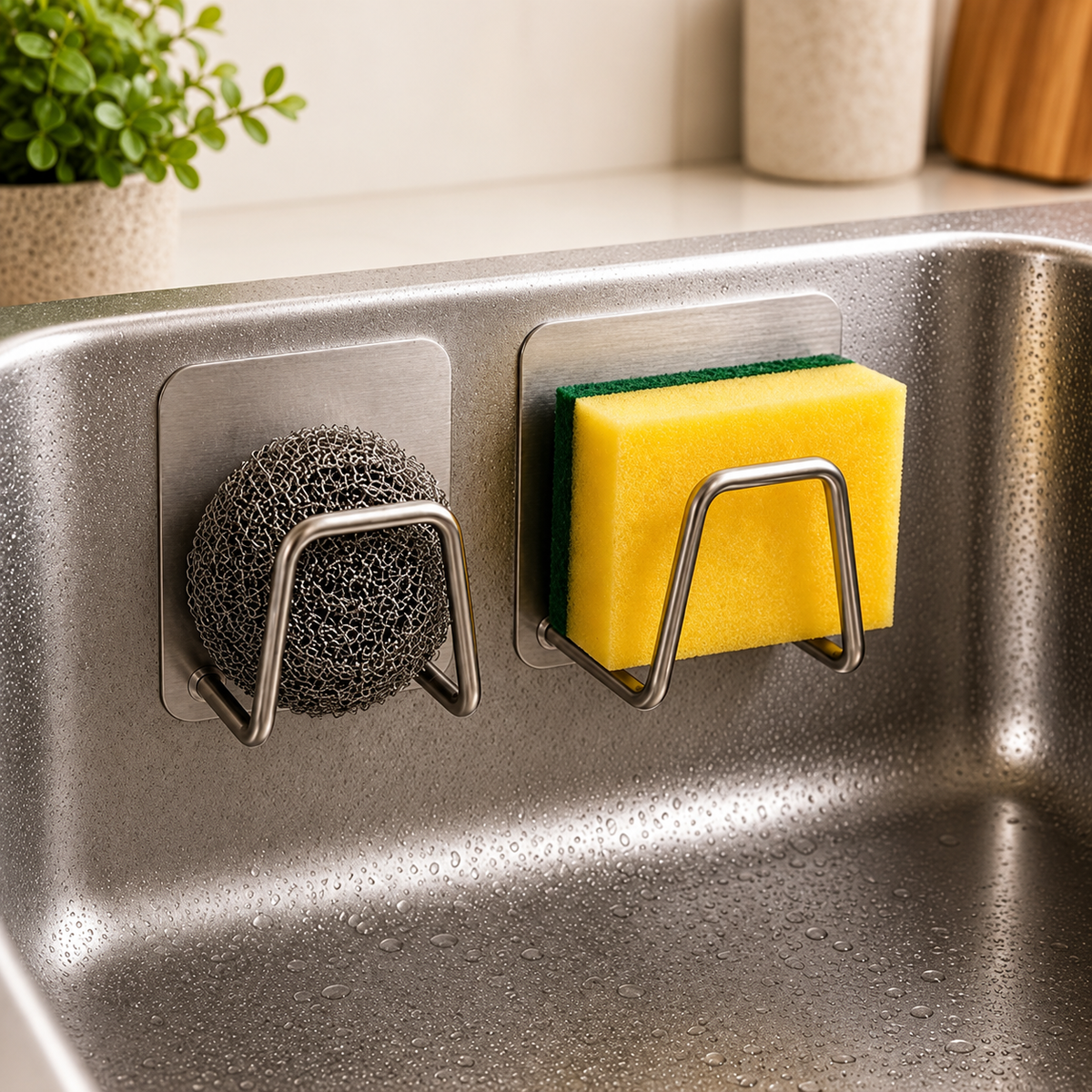 Kit 2 Suportes para Esponja em Aço Inox – Ganchos para Pia e Cozinha