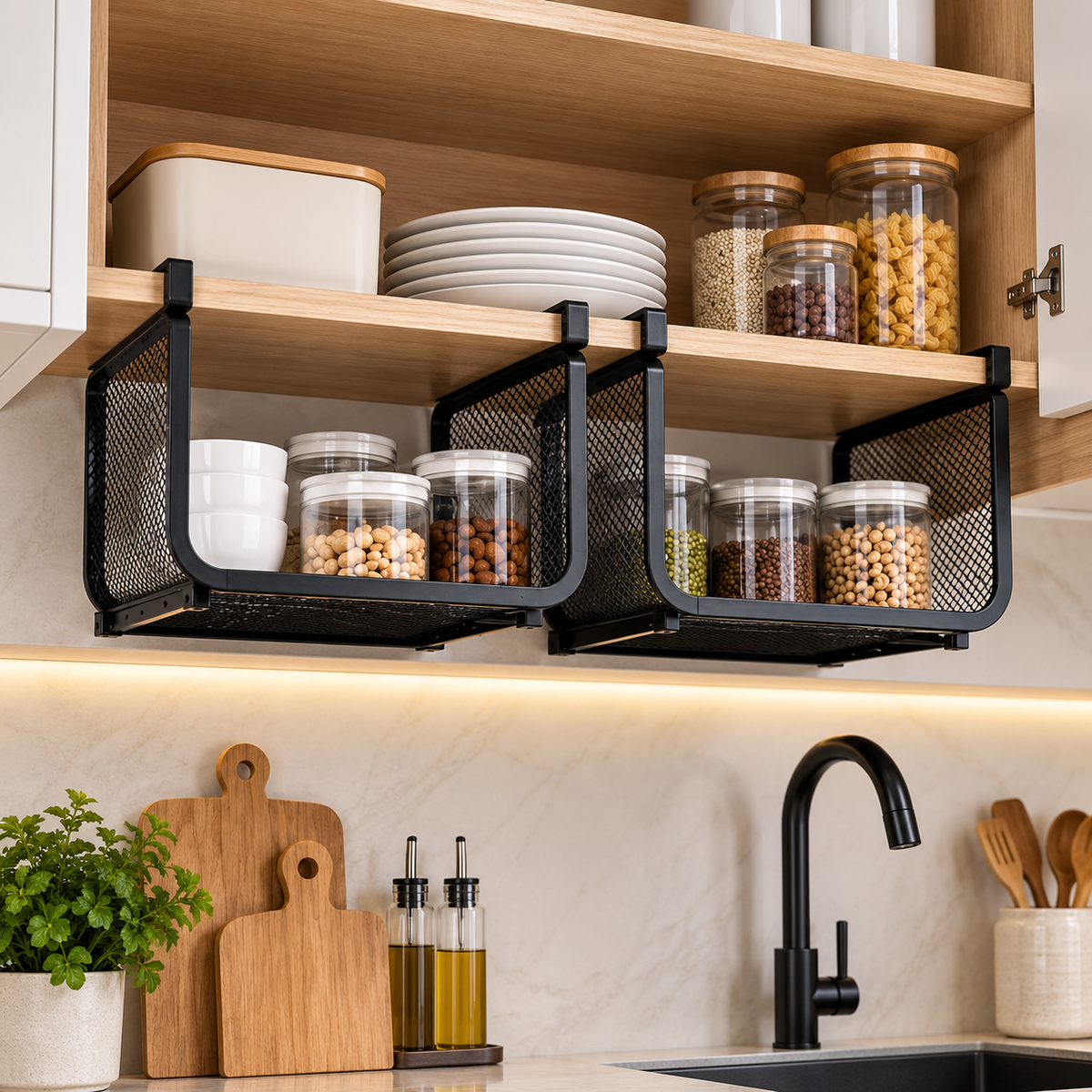 Cesto Organizador Suspenso Expansível para Armário de Cozinha 38 a 65cm