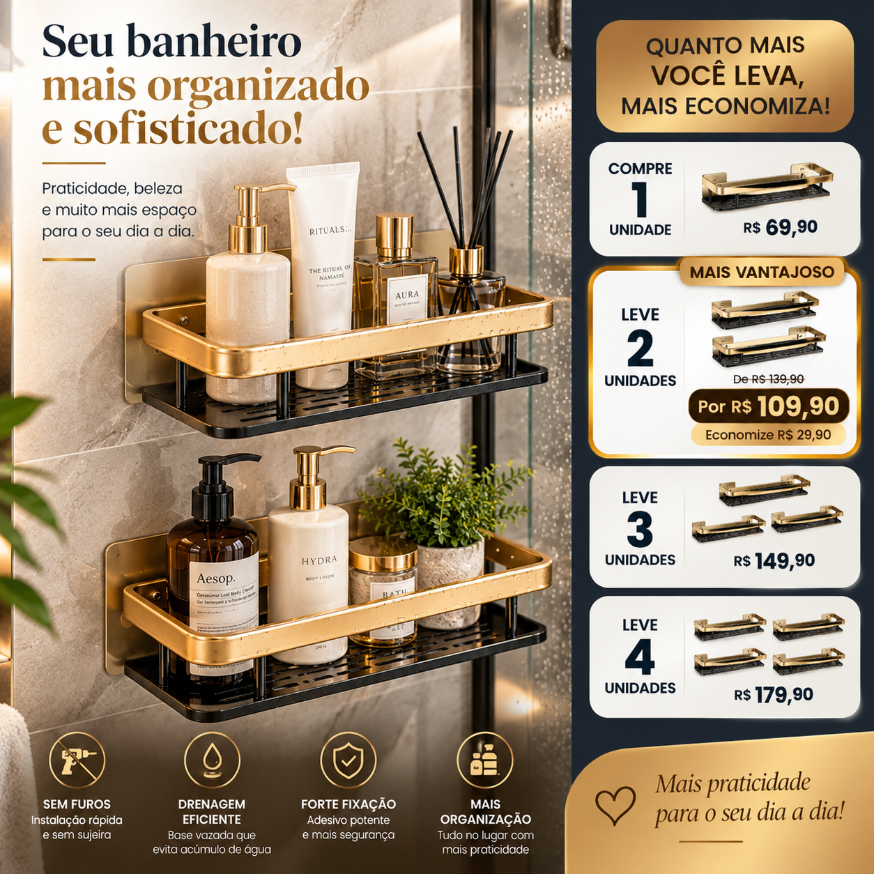 Prateleira Organizadora para Banheiro Sem Furo Preto e Dourado 30cm