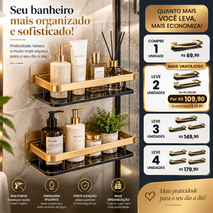 Prateleira Organizadora para Banheiro Sem Furo Preto e Dourado 30cm