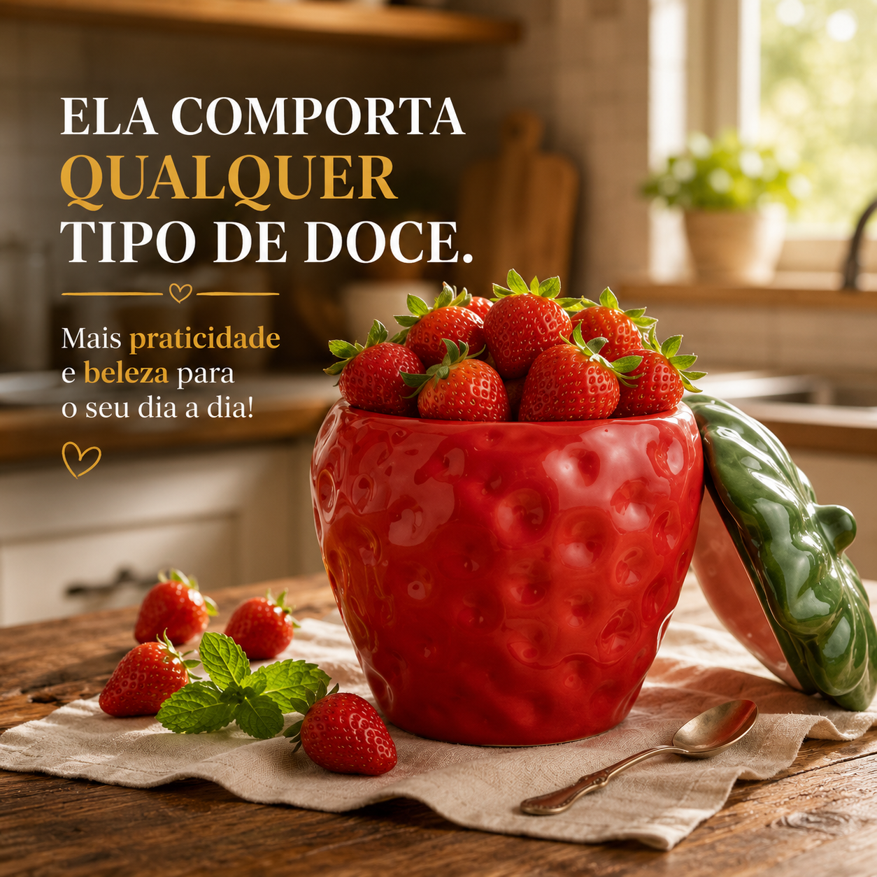 Compoteira de Cerâmica Morango com Tampa – Pote Decorativo para Doces