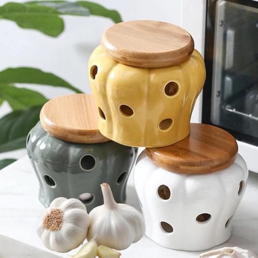 Porta Alho Cerâmica Tampa Bambu Encanto