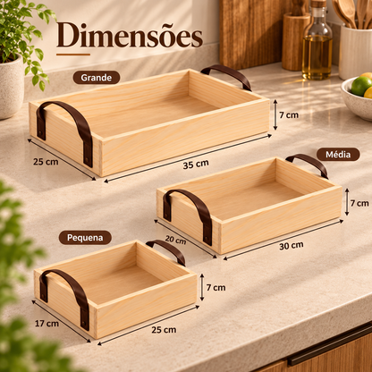 Kit 3 Bandejas de Madeira Pinus com Alças para Servir e Decorar