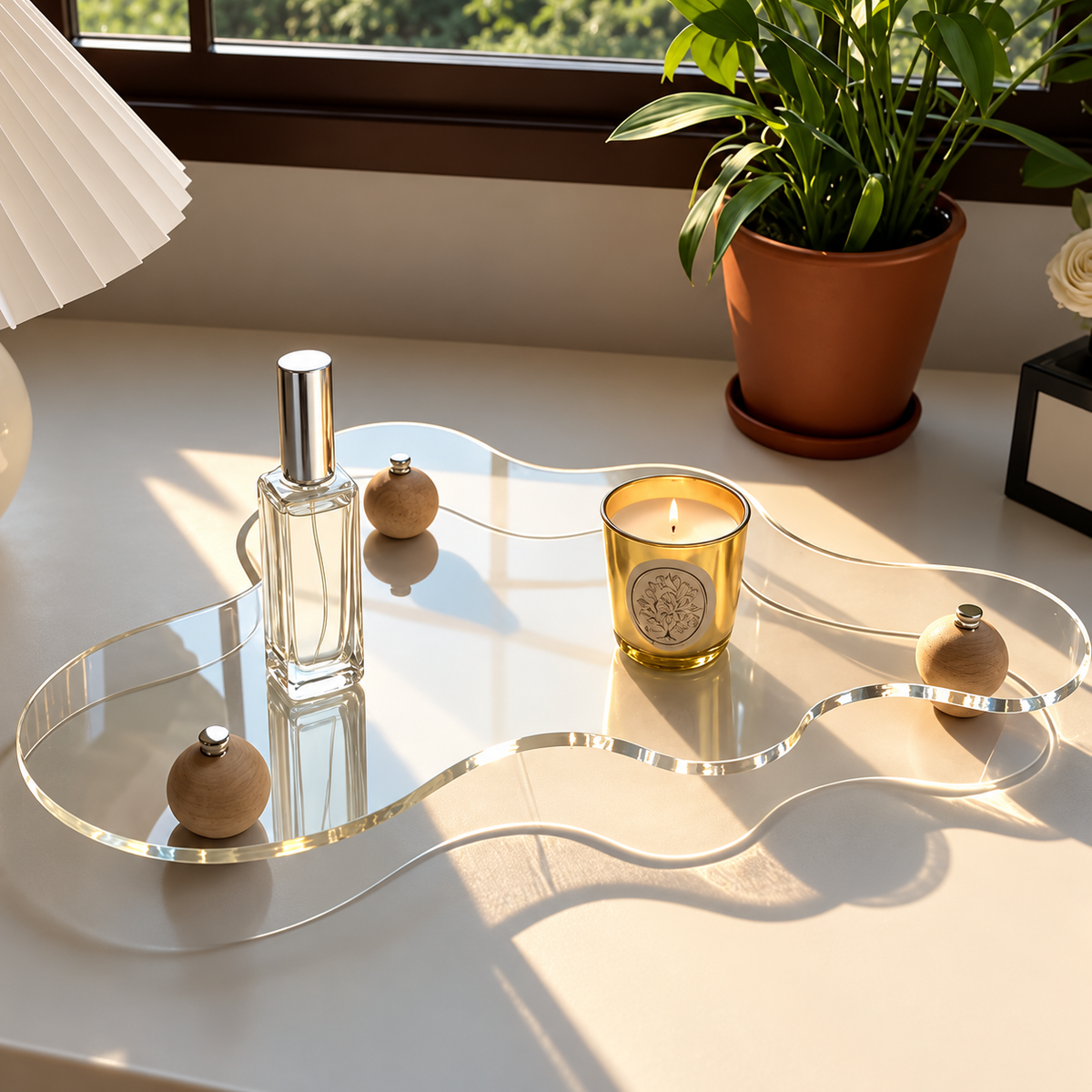Bandeja Decorativa Acrílico Cristal com Pés de Madeira
