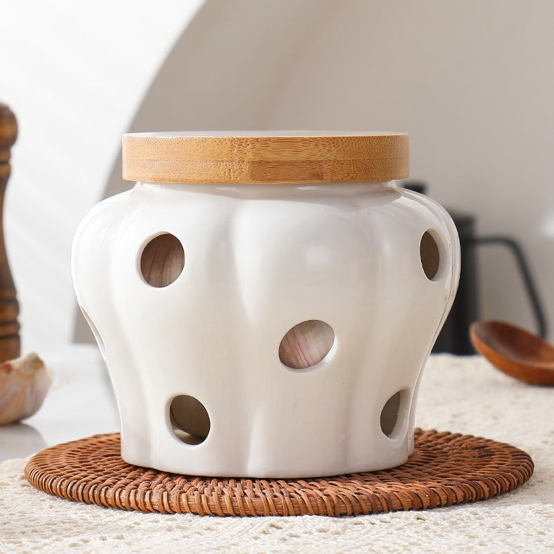 Porta Alho Cerâmica Tampa Bambu Encanto