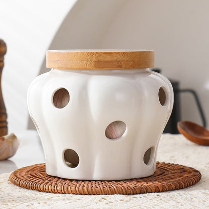 Porta Alho Cerâmica Tampa Bambu Encanto