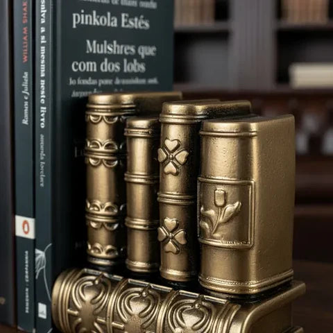 Aparador de Livros Decorativo Clássico – Par de Estatuetas em Gesso Metalizado | Organizador para Estantes e Escritórios