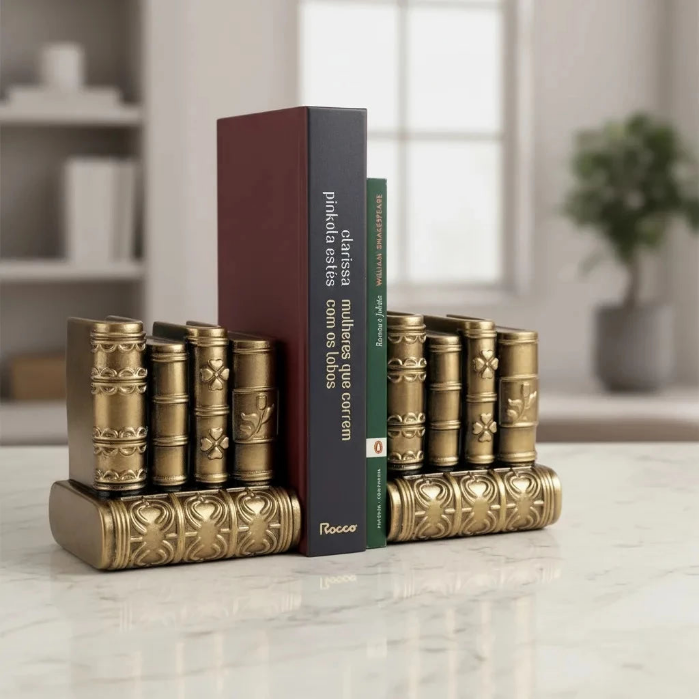 Aparador de Livros Decorativo Clássico – Par de Estatuetas em Gesso Metalizado | Organizador para Estantes e Escritórios