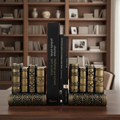 Aparador de Livros Decorativo Clássico – Par de Estatuetas em Gesso Metalizado | Organizador para Estantes e Escritórios