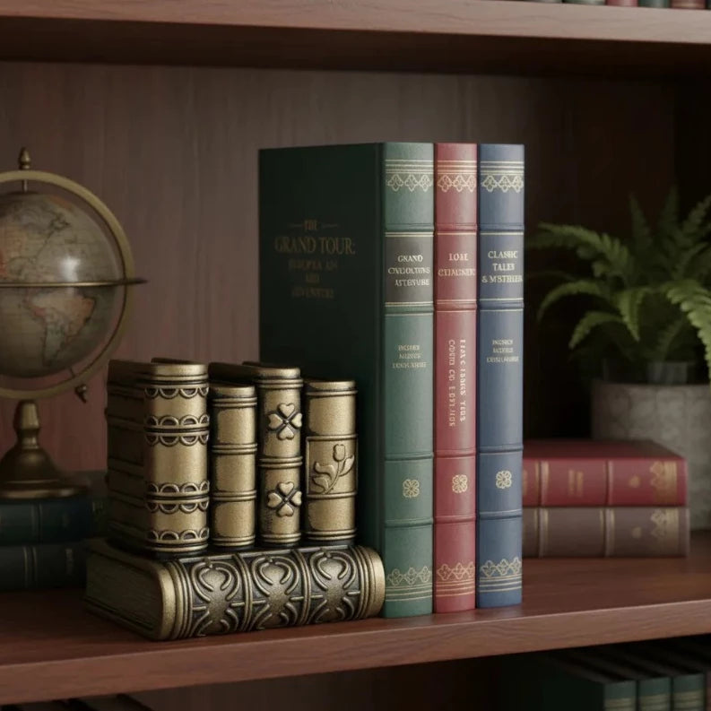 Aparador de Livros Decorativo Clássico – Par de Estatuetas em Gesso Metalizado | Organizador para Estantes e Escritórios