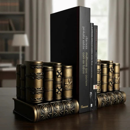Aparador de Livros Decorativo Clássico – Par de Estatuetas em Gesso Metalizado | Organizador para Estantes e Escritórios