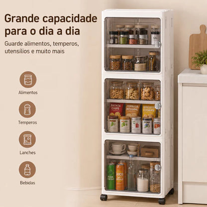 Armário Organizador Multiuso com 3 Prateleiras, Portas Magnéticas e Rodinhas 360°