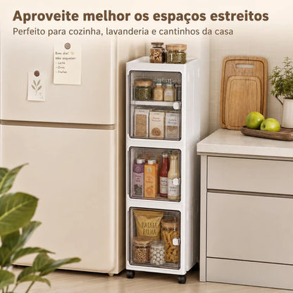 Armário Organizador Multiuso com 3 Prateleiras, Portas Magnéticas e Rodinhas 360°