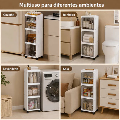 Armário Organizador Multiuso com 3 Prateleiras, Portas Magnéticas e Rodinhas 360°