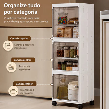 Armário Organizador Multiuso com 3 Prateleiras, Portas Magnéticas e Rodinhas 360°