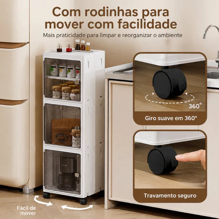 Armário Organizador Multiuso com 3 Prateleiras, Portas Magnéticas e Rodinhas 360°