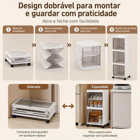 Armário Organizador Multiuso com 3 Prateleiras, Portas Magnéticas e Rodinhas 360°