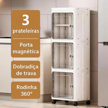 Armário Organizador Multiuso com 3 Prateleiras, Portas Magnéticas e Rodinhas 360°