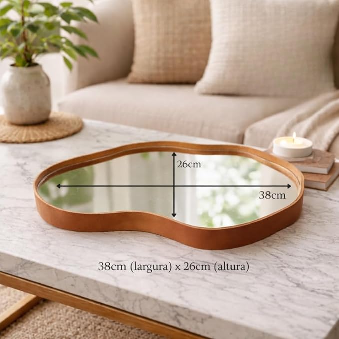 Bandeja Espelhada Decorativa Orgânica 38x26cm – Couro Ecológico Premium
