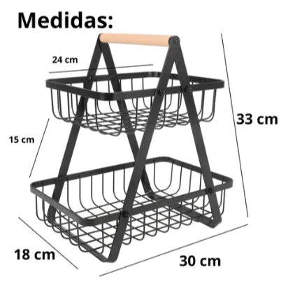 Fruteira de Bancada 2 Andares em Metal com Alça de Madeira