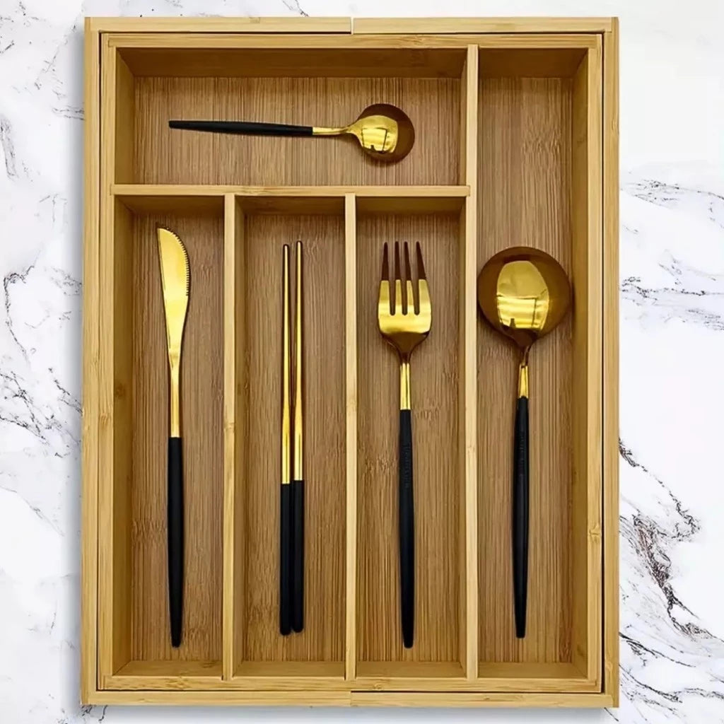 Porta Talheres Extensível 100% Bambu para Gaveta – Organizador Ajustável com 5 ou 7 Divisórias