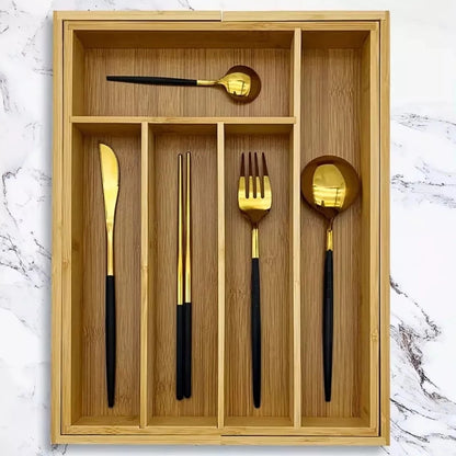 Porta Talheres Extensível 100% Bambu para Gaveta – Organizador Ajustável com 5 ou 7 Divisórias