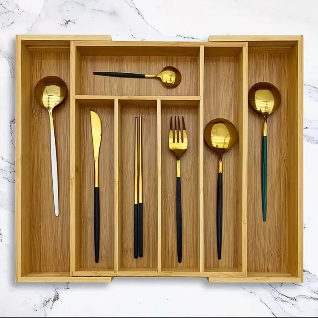Porta Talheres Extensível 100% Bambu para Gaveta – Organizador Ajustável com 5 ou 7 Divisórias