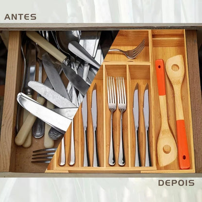 Porta Talheres Extensível 100% Bambu para Gaveta – Organizador Ajustável com 5 ou 7 Divisórias