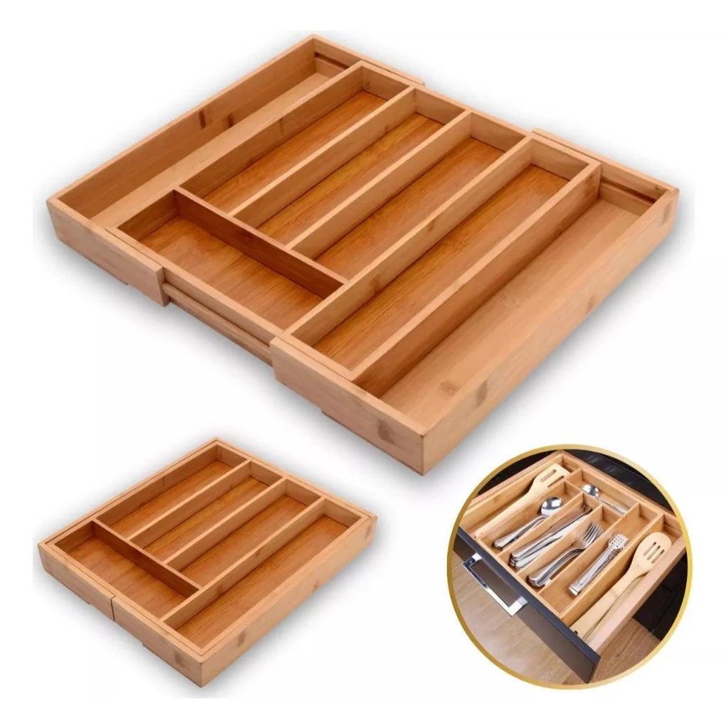 Porta Talheres Extensível 100% Bambu para Gaveta – Organizador Ajustável com 5 ou 7 Divisórias