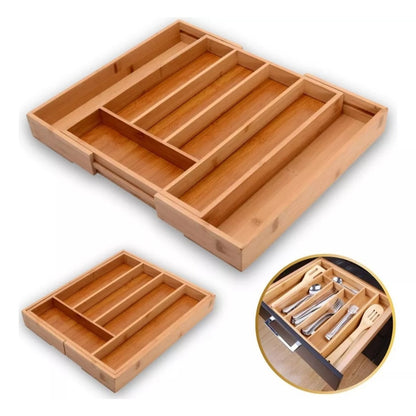 Porta Talheres Extensível 100% Bambu para Gaveta – Organizador Ajustável com 5 ou 7 Divisórias