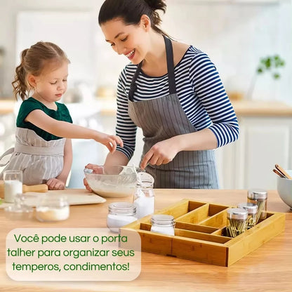 Porta Talheres Extensível 100% Bambu para Gaveta – Organizador Ajustável com 5 ou 7 Divisórias
