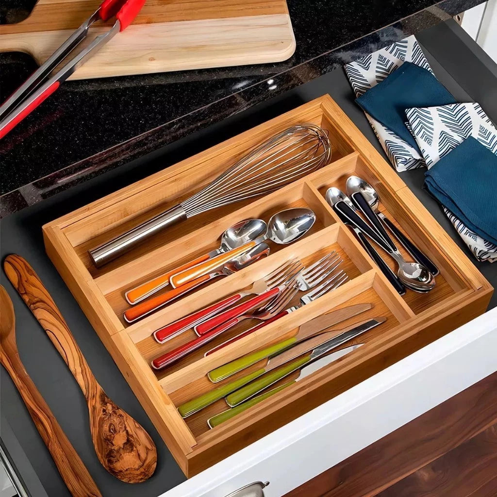 Porta Talheres Extensível 100% Bambu para Gaveta – Organizador Ajustável com 5 ou 7 Divisórias