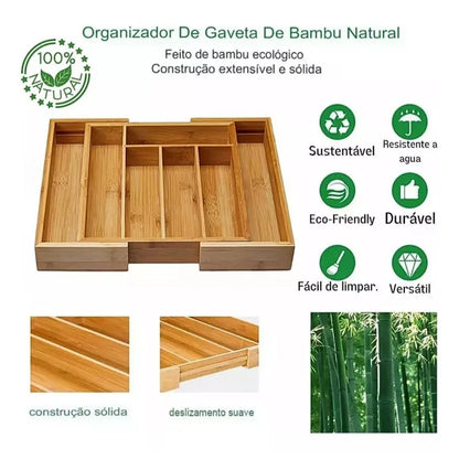 Porta Talheres Extensível 100% Bambu para Gaveta – Organizador Ajustável com 5 ou 7 Divisórias