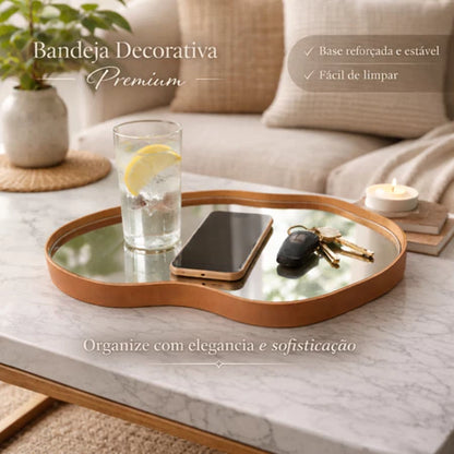 Bandeja Espelhada Decorativa Orgânica 38x26cm – Couro Ecológico Premium