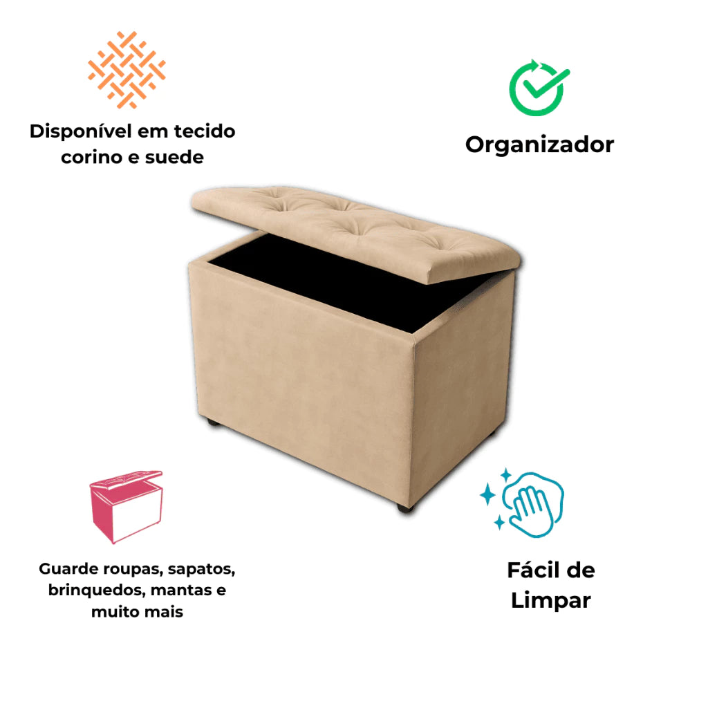 Baú Organizador Multiuso Estofado com Assento – Madeira Pinus, Courino ou Suede | Suporta até 100kg