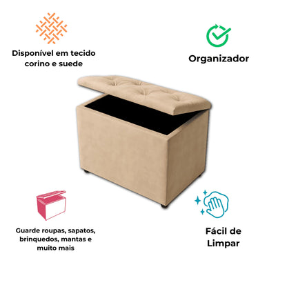 Baú Organizador Multiuso Estofado com Assento – Madeira Pinus, Courino ou Suede | Suporta até 100kg