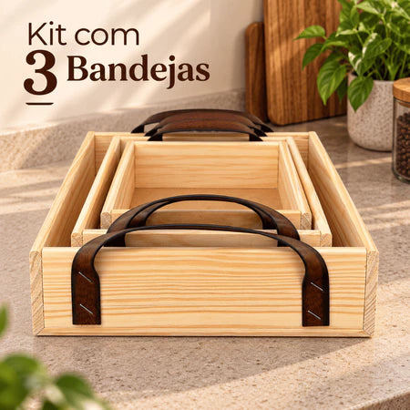 Kit 3 Bandejas de Madeira Pinus com Alças para Servir e Decorar