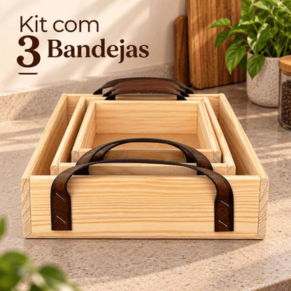 Kit 3 Bandejas de Madeira Pinus com Alças para Servir e Decorar