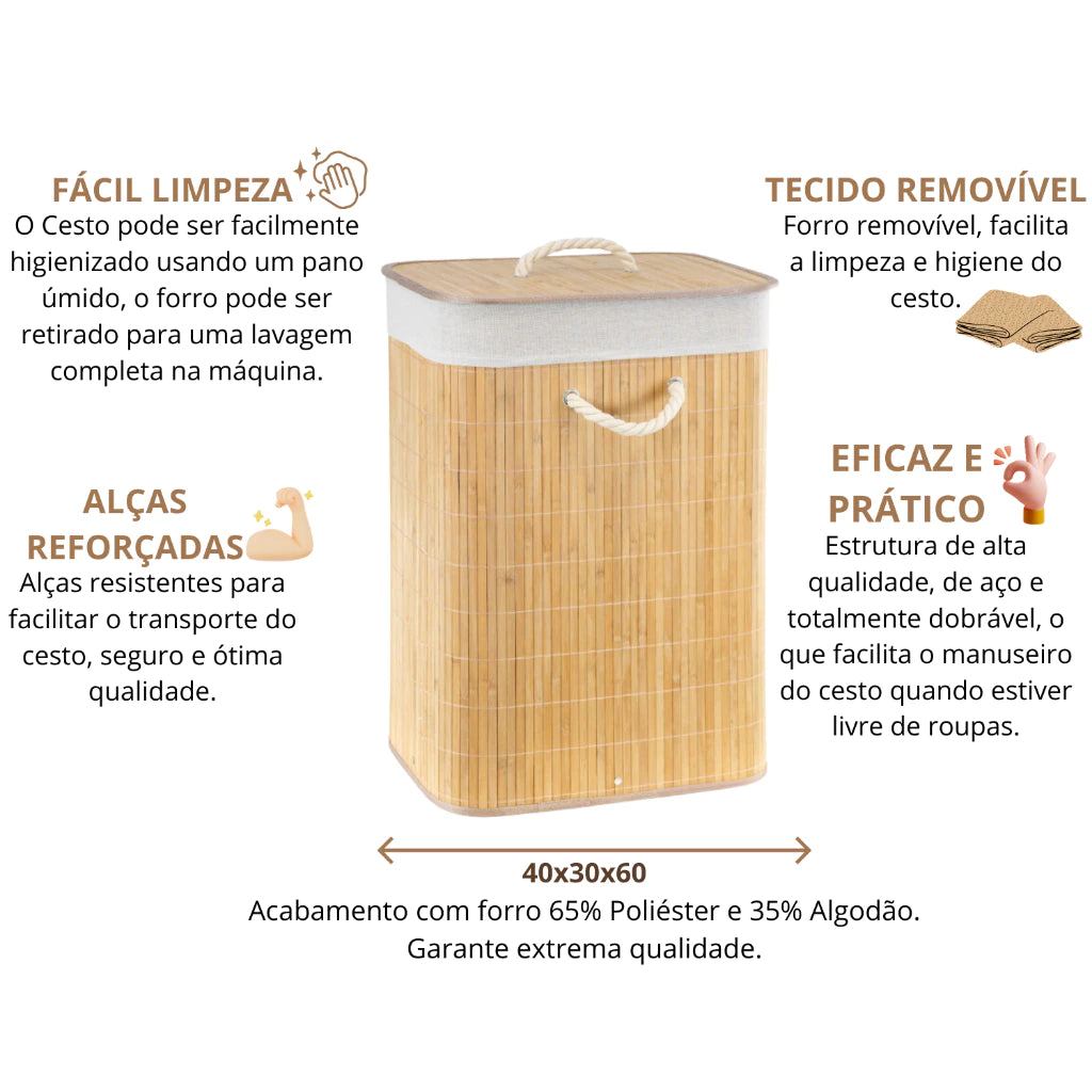 Cesto de Roupas Bambu Retangular