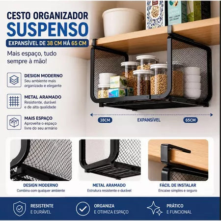 Cesto Organizador Suspenso Expansível para Armário de Cozinha 38 a 65cm