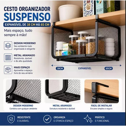 Cesto Organizador Suspenso Expansível para Armário de Cozinha 38 a 65cm
