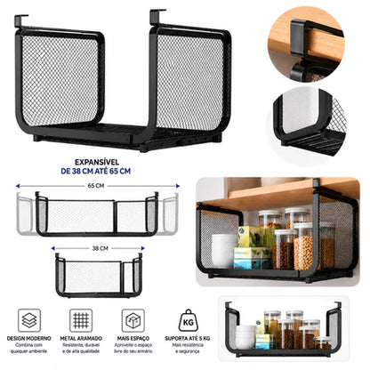 Cesto Organizador Suspenso Expansível para Armário de Cozinha 38 a 65cm