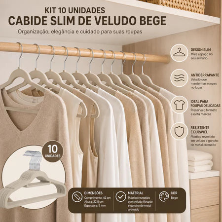 Kit 10 Cabides de Veludo Antiderrapantes – Organizador de Roupas