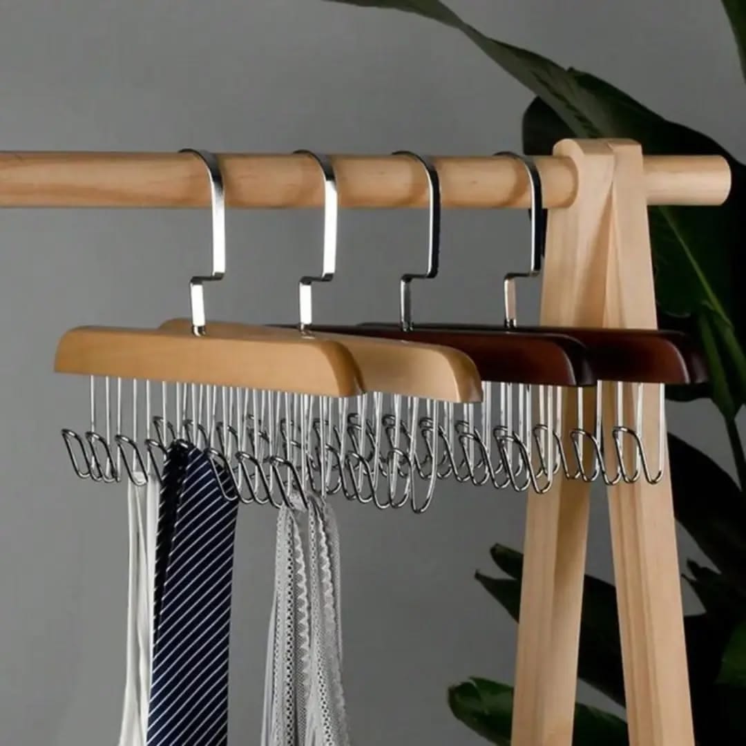 Kit 2 Cabides Multiuso de Madeira com 8 Ganchos para Gravatas, Cintos, Bonés e Acessórios