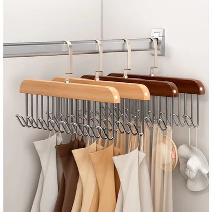 Kit 2 Cabides Multiuso de Madeira com 8 Ganchos para Gravatas, Cintos, Bonés e Acessórios